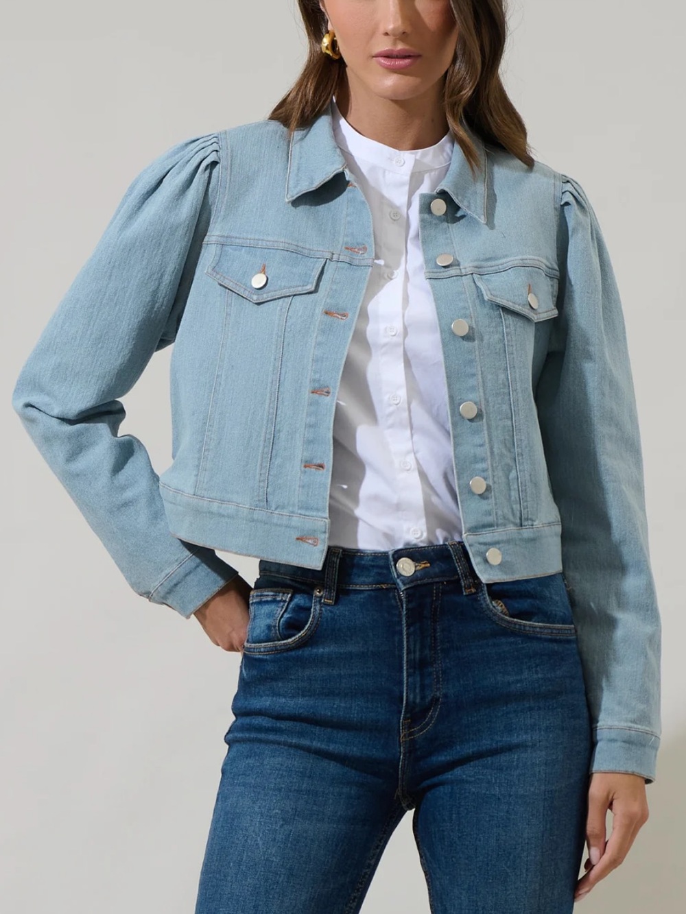 Sugarlips Ameya Conway Cropped Denim Jacket Light Wash Puff Sleeve Large NWT $90